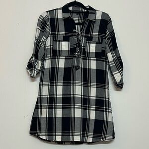 ⭐️ Society Girl Black & White Plaid lace up Dress w/ button tab sleeves women S